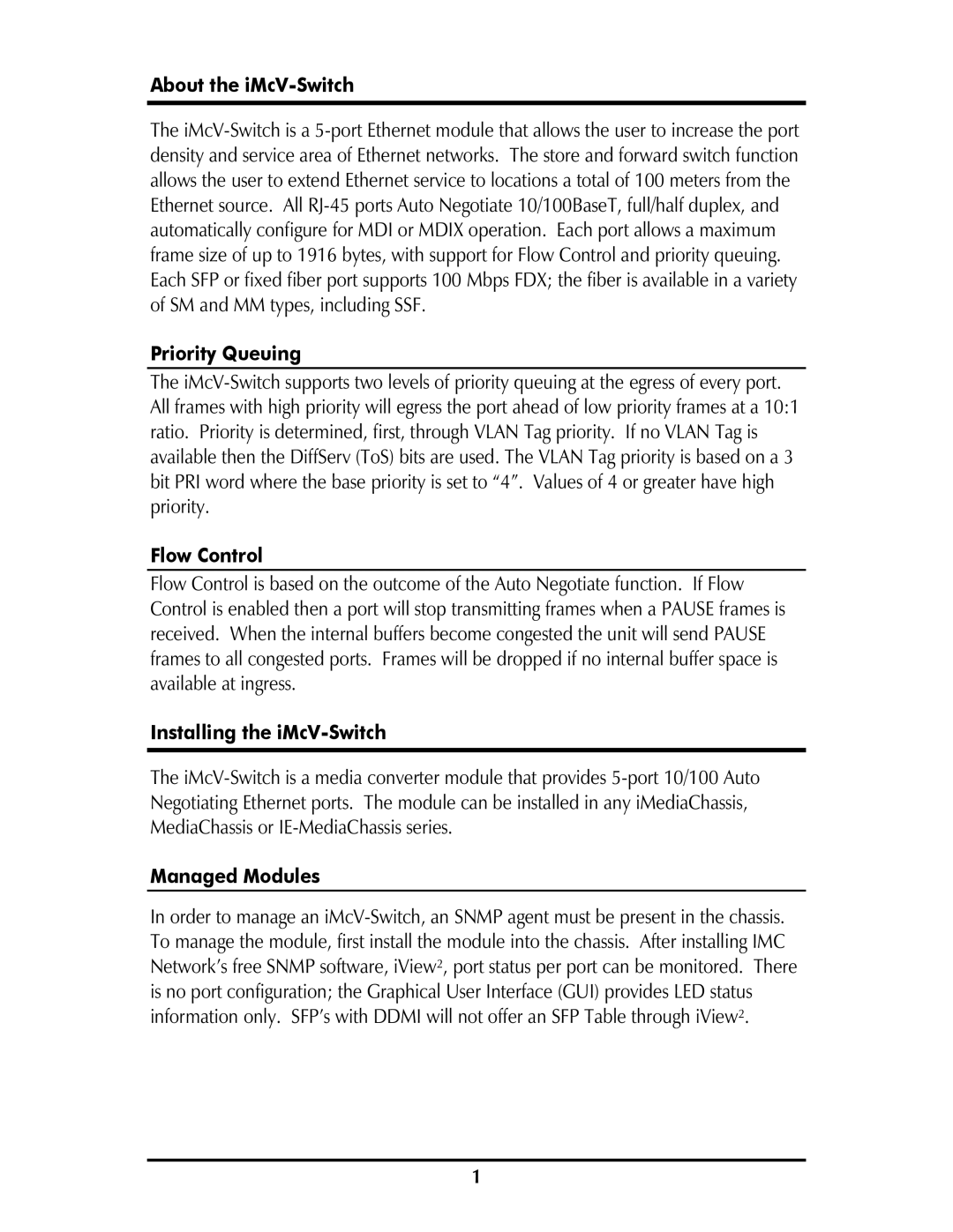 IMC Networks About the iMcV-Switch, Priority Queuing, Flow Control, Installing the iMcV-Switch, Managed Modules 