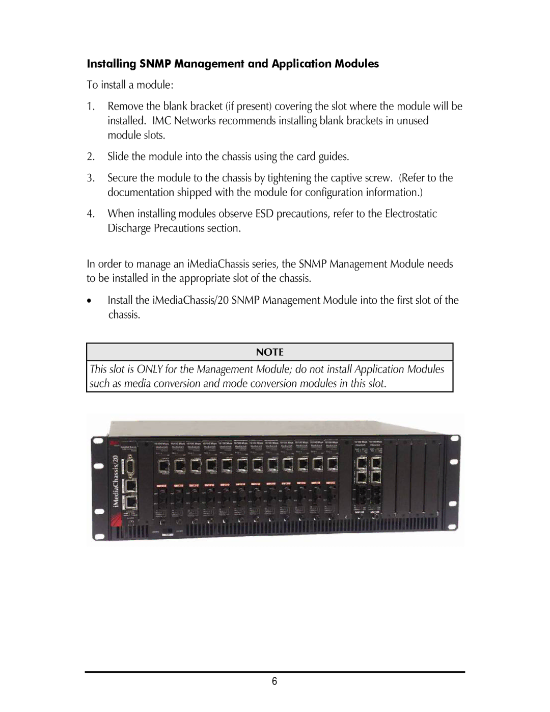 IMC Networks iMediaChassis/3, 20, iMediaChassis/6 operation manual Installing Snmp Management and Application Modules 