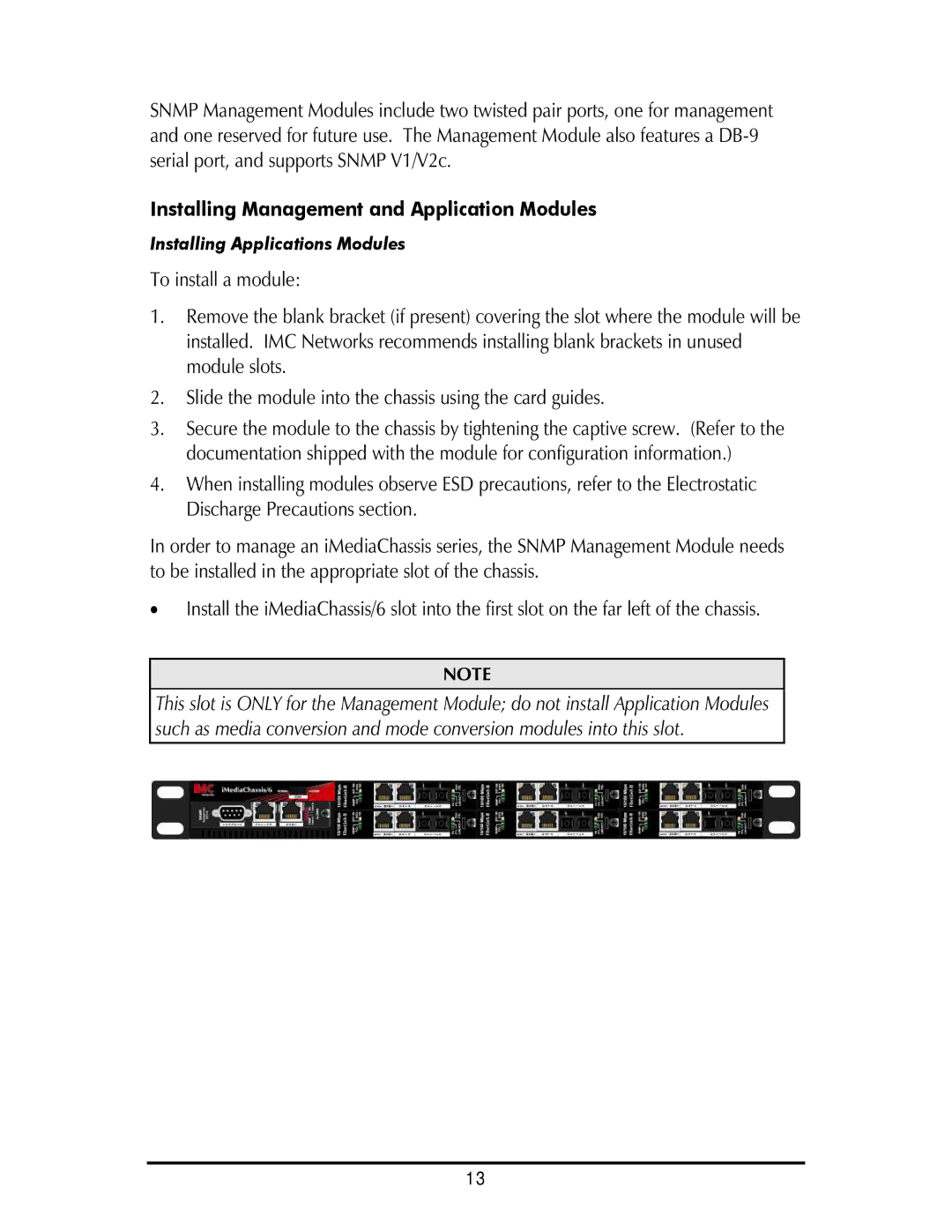 IMC Networks iMediaChassis/3, 20, iMediaChassis/6 operation manual Installing Management and Application Modules 