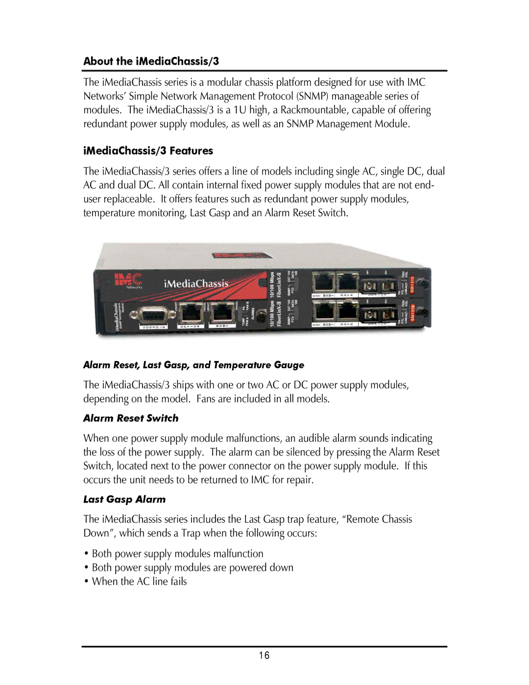 IMC Networks 20, iMediaChassis/6 operation manual About the iMediaChassis/3, IMediaChassis/3 Features 