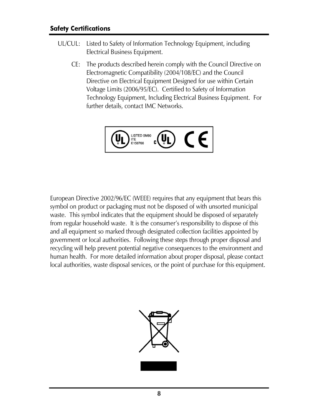 IMC Networks McPC 100 Mbps operation manual Safety Certifications 