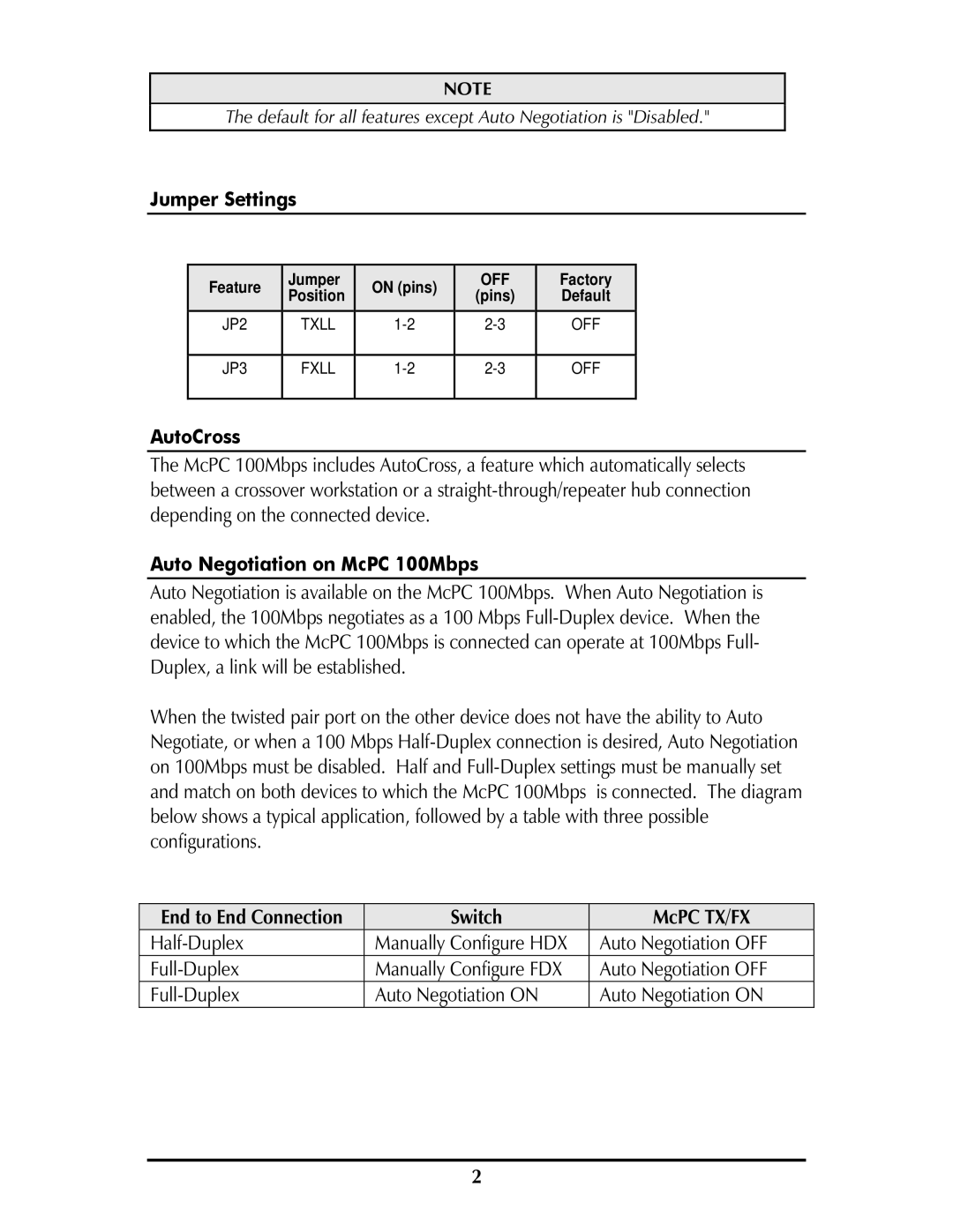 IMC Networks McPC 100 Mbps operation manual Jumper Settings, AutoCross, Auto Negotiation on McPC 100Mbps 