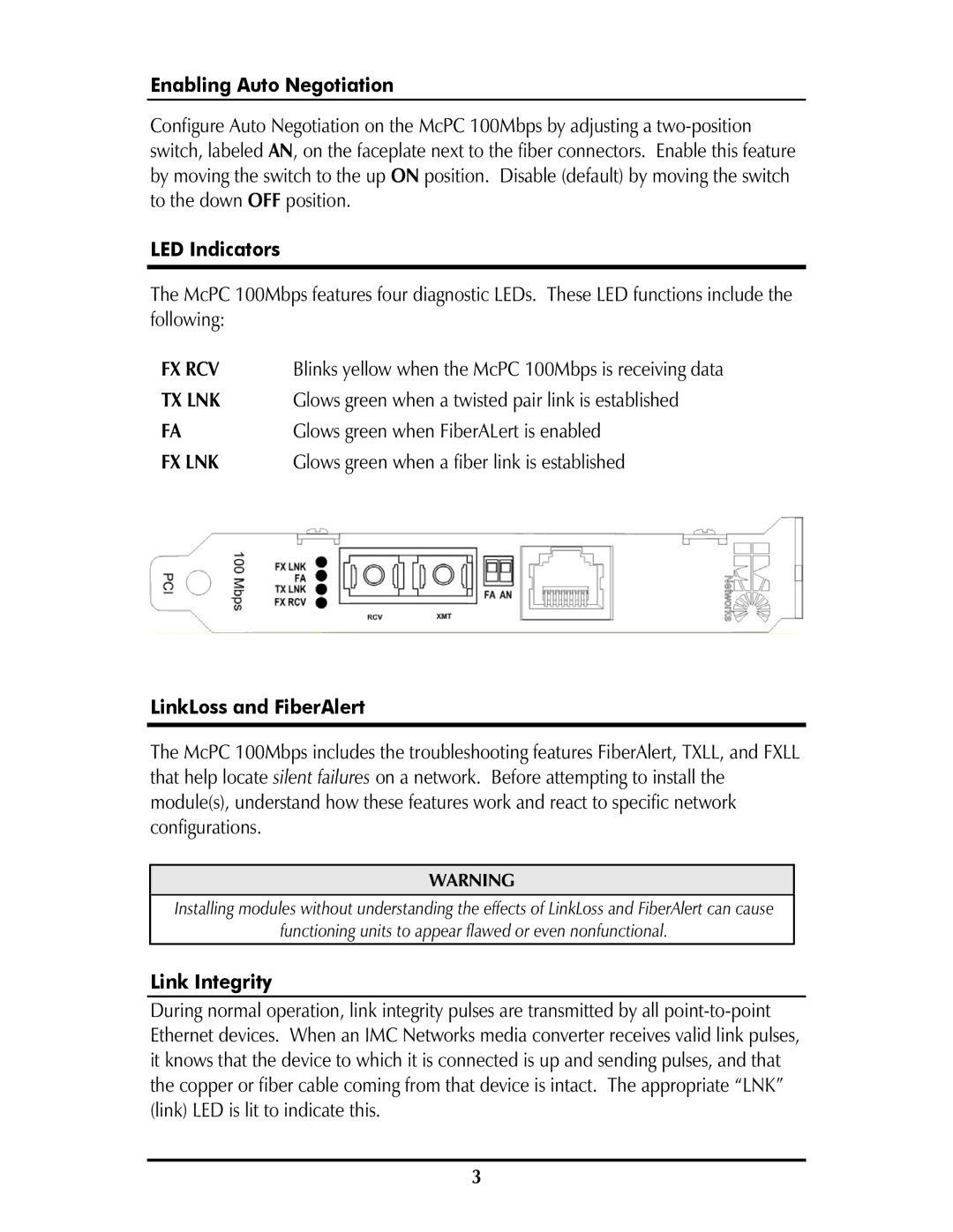 IMC Networks McPC 100 Mbps Enabling Auto Negotiation, LED Indicators, LinkLoss and FiberAlert, Link Integrity 