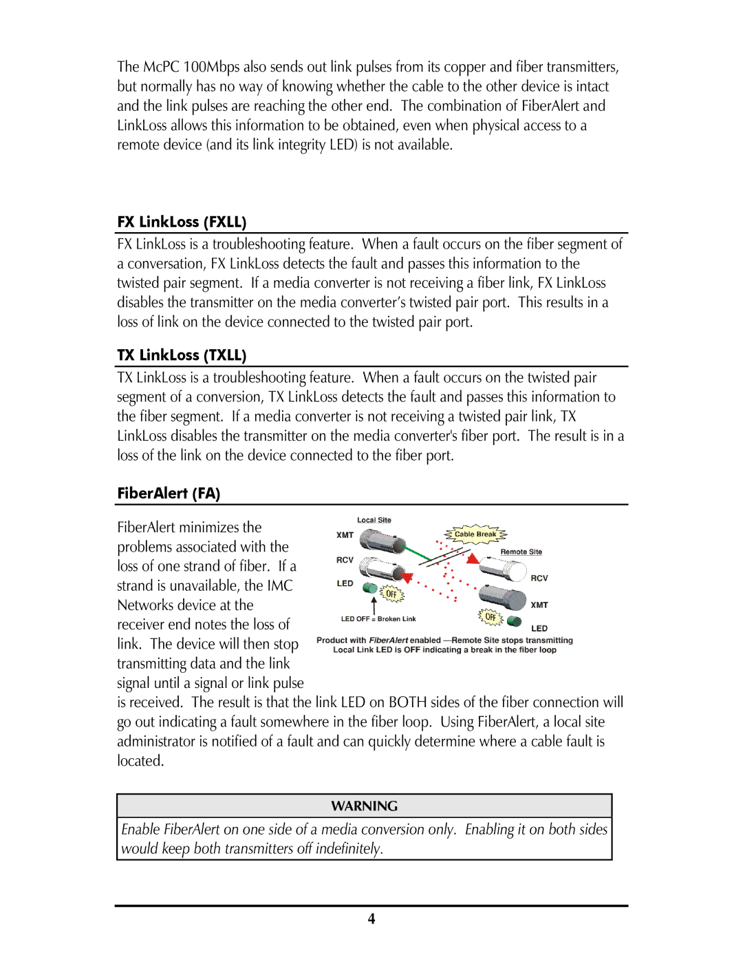 IMC Networks McPC 100 Mbps operation manual FX LinkLoss Fxll, TX LinkLoss Txll, FiberAlert FA 