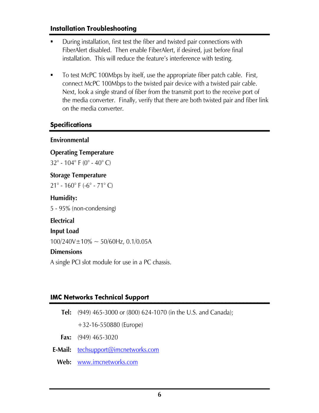 IMC Networks McPC 100 Mbps operation manual Installation Troubleshooting, Specifications, IMC Networks Technical Support 