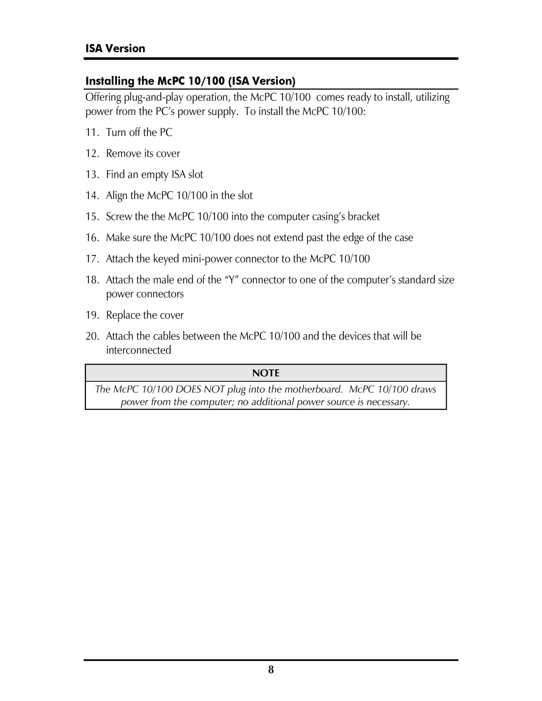 IMC Networks MCPC 10/100 operation manual ISA Version Installing the McPC 10/100 ISA Version 