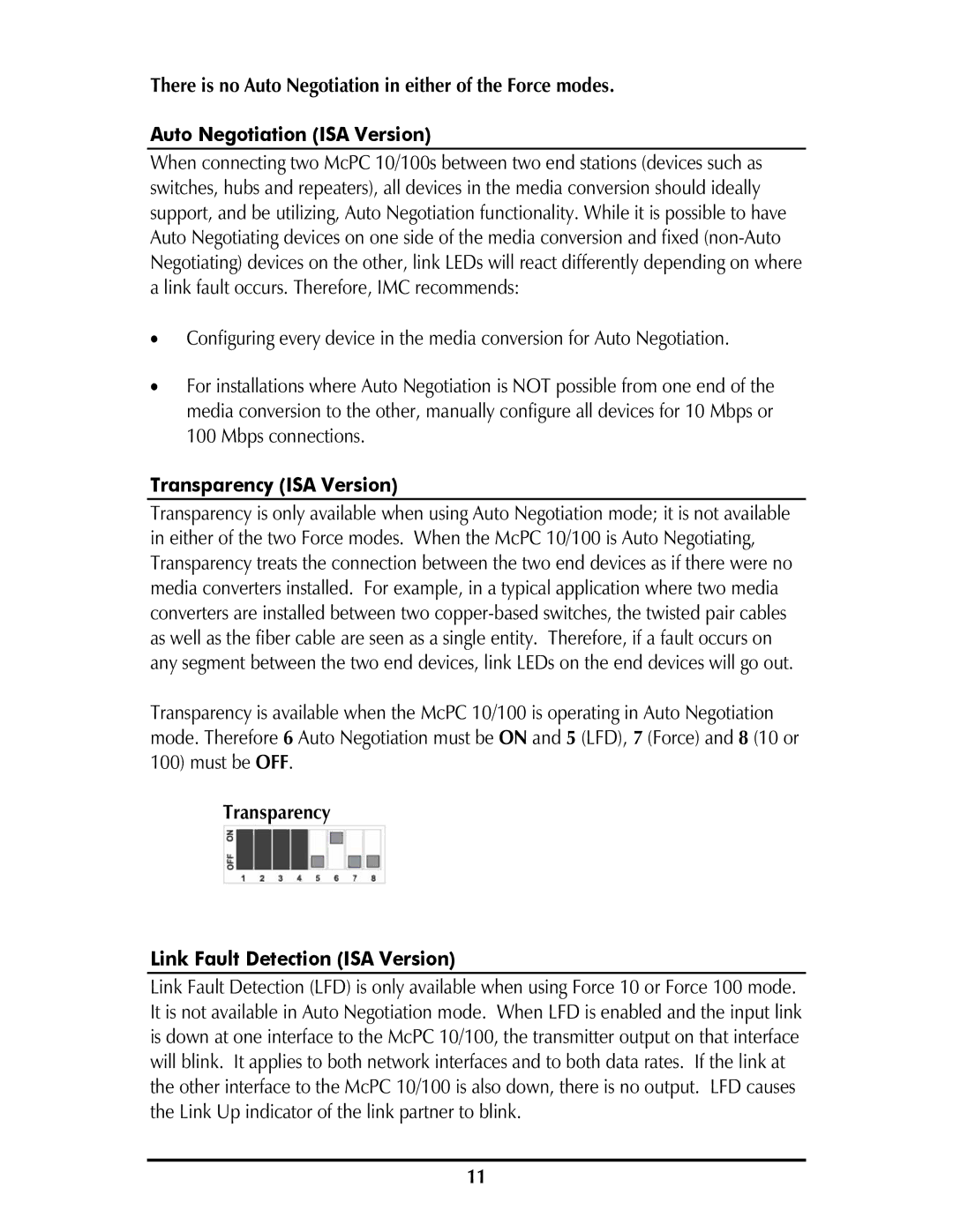 IMC Networks MCPC 10/100 Auto Negotiation ISA Version, Transparency ISA Version, Link Fault Detection ISA Version 