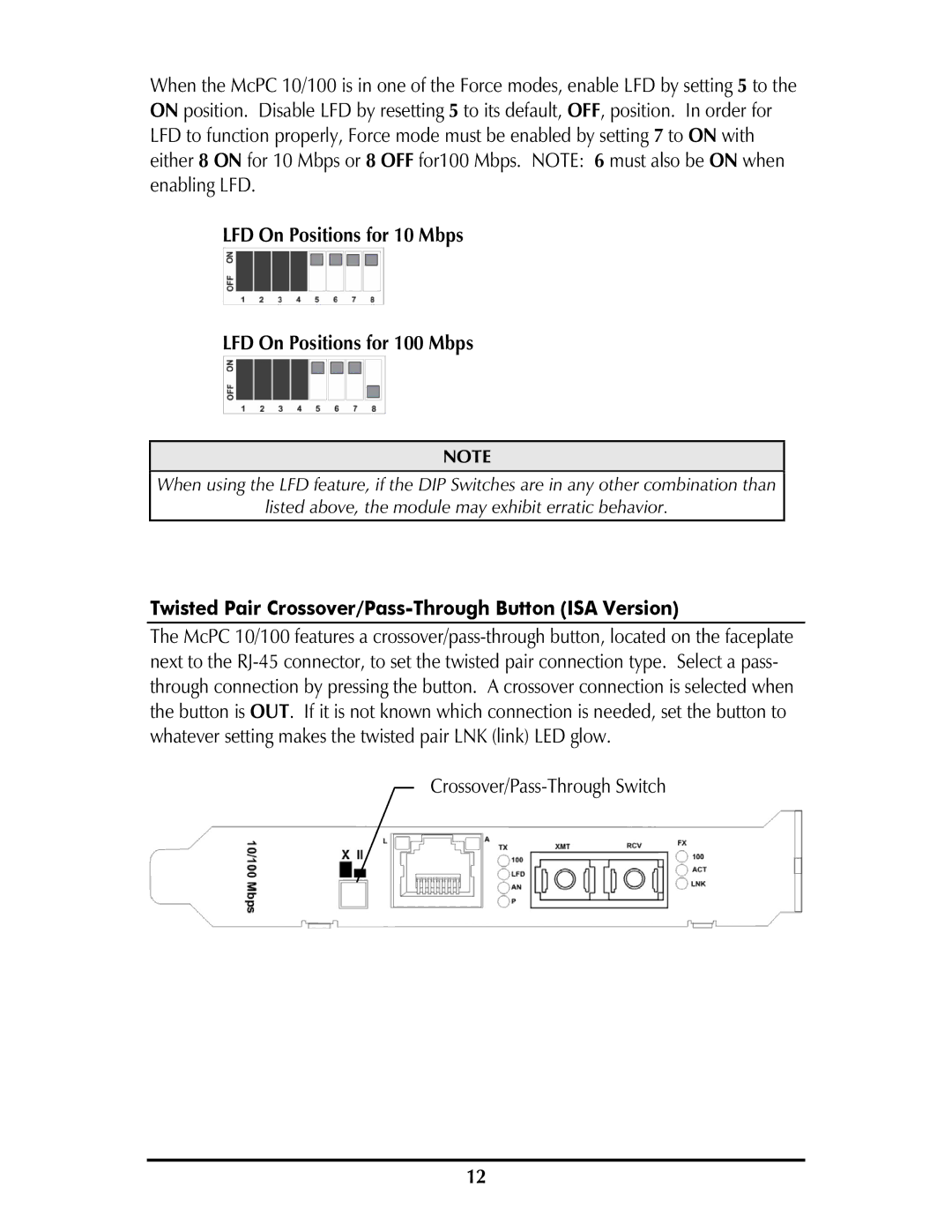 IMC Networks MCPC 10/100 operation manual LFD On Positions for 10 Mbps LFD On Positions for 100 Mbps 