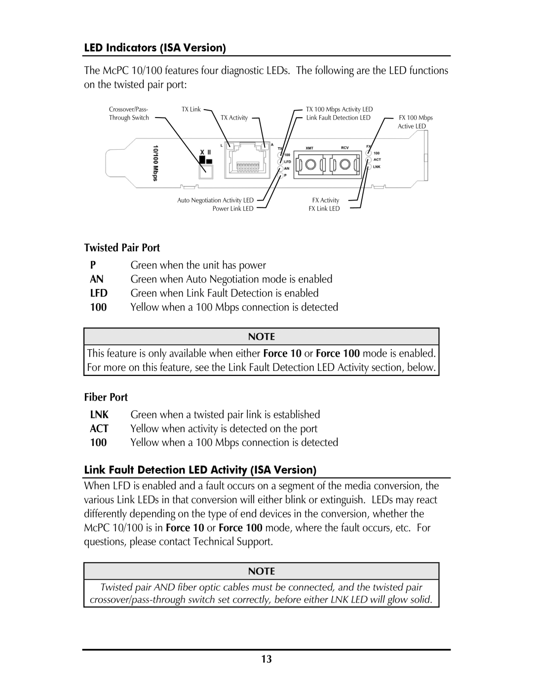 IMC Networks MCPC 10/100 operation manual LED Indicators ISA Version, Link Fault Detection LED Activity ISA Version 