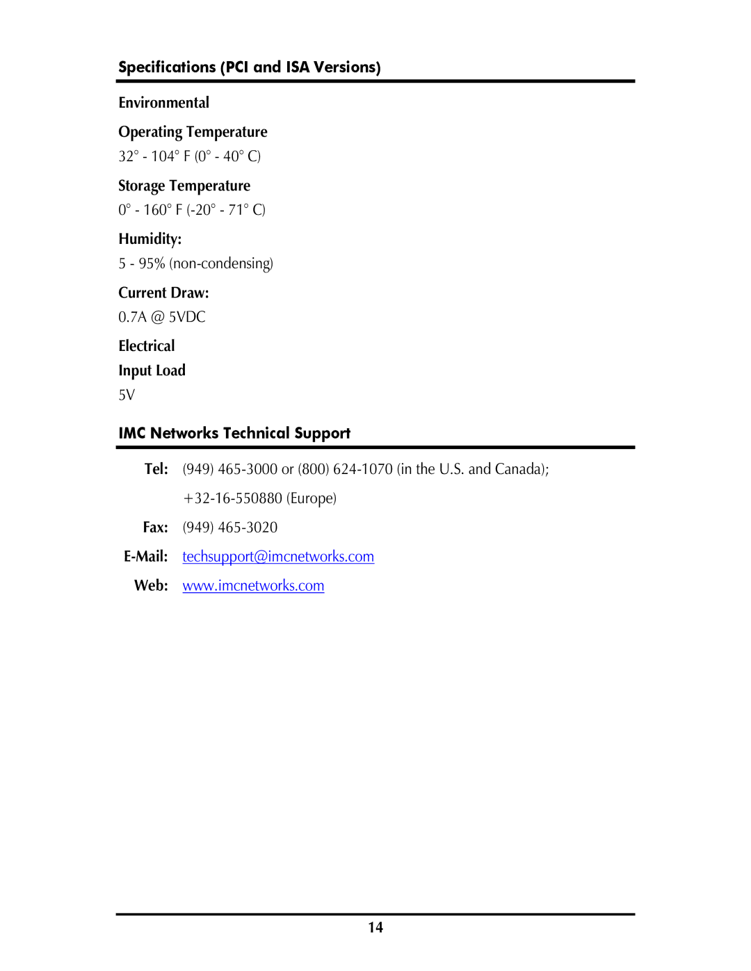 IMC Networks MCPC 10/100 operation manual Specifications PCI and ISA Versions, IMC Networks Technical Support 