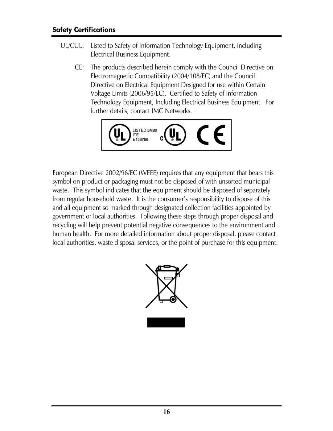 IMC Networks MCPC 10/100 operation manual Safety Certifications 