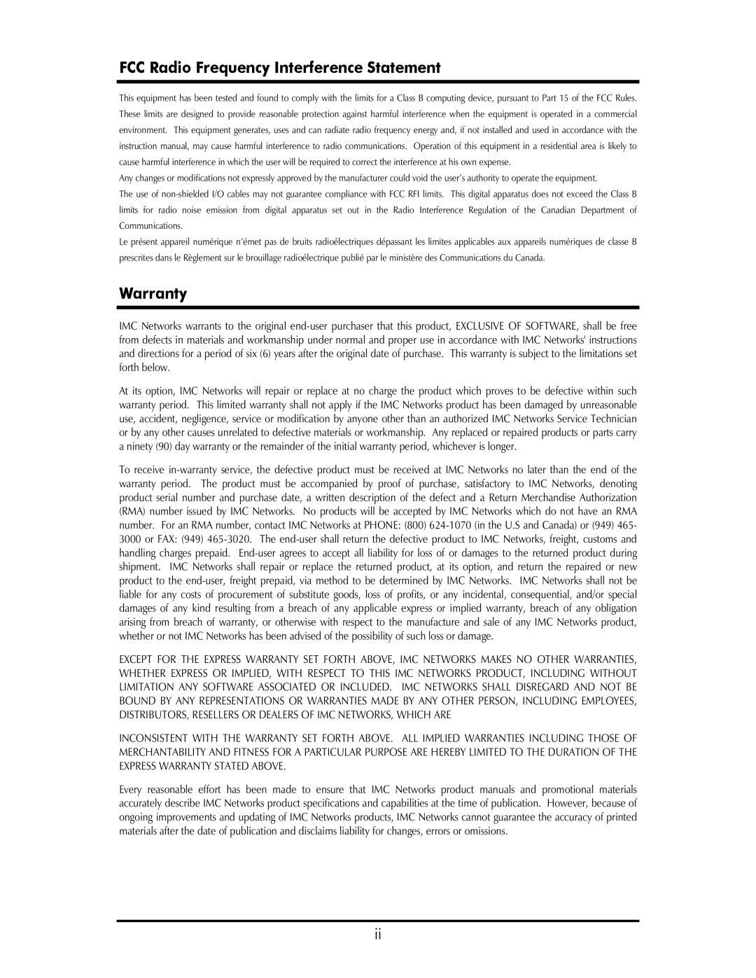 IMC Networks MCPC 10/100 operation manual FCC Radio Frequency Interference Statement, Warranty 