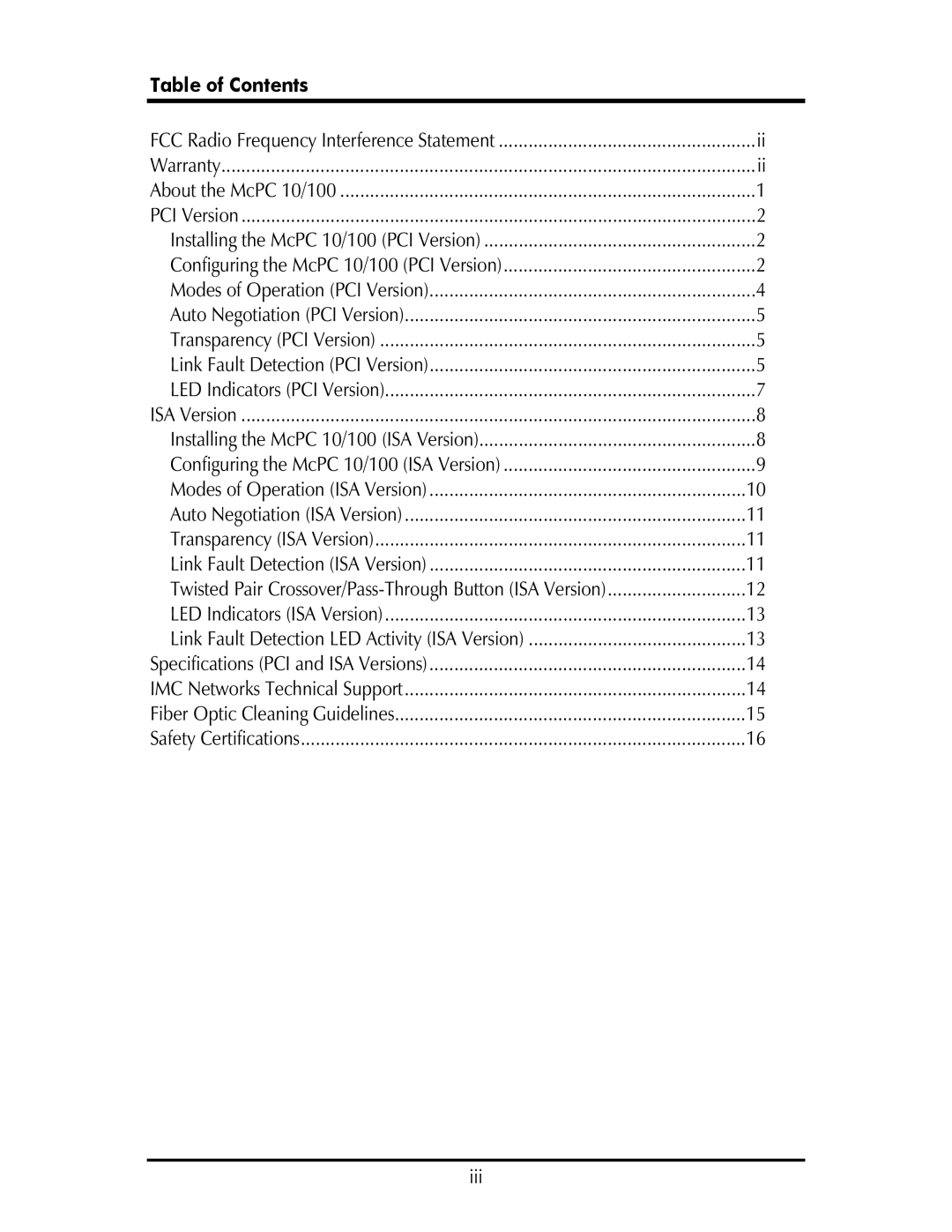 IMC Networks MCPC 10/100 operation manual Table of Contents 