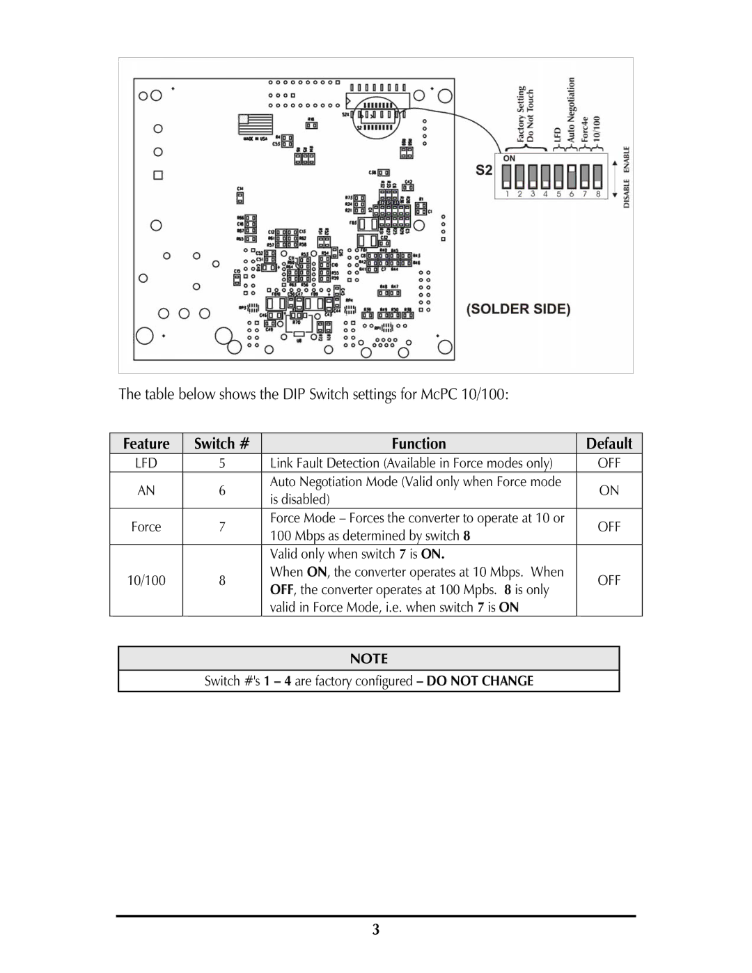 IMC Networks MCPC 10/100 operation manual Feature Switch # Function Default 