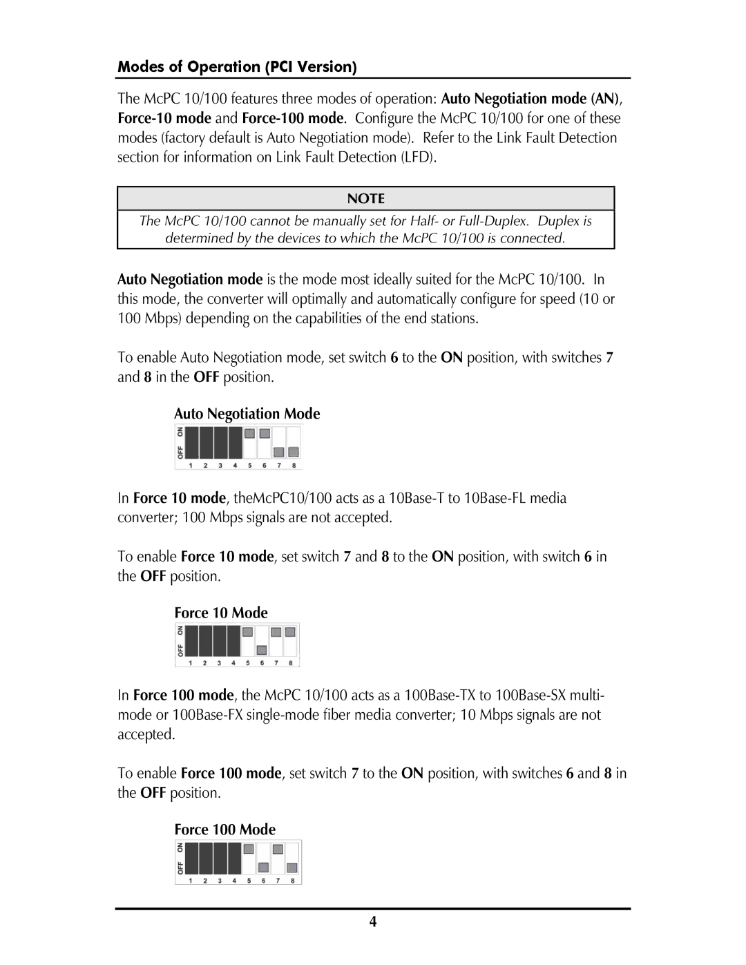 IMC Networks MCPC 10/100 Modes of Operation PCI Version, Auto Negotiation Mode, Force 10 Mode, Force 100 Mode 