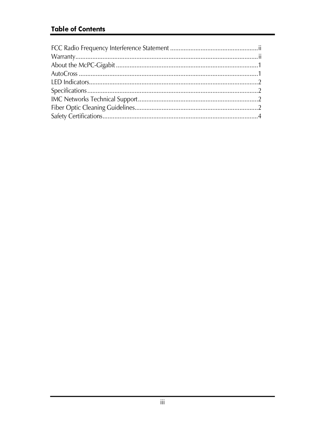 IMC Networks McPc-Gigabit operation manual Table of Contents 