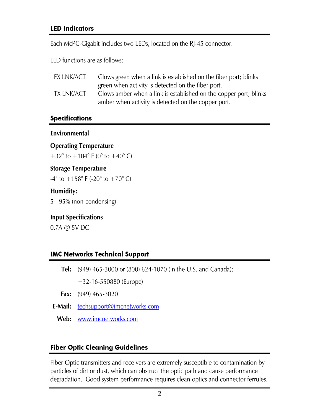 IMC Networks McPc-Gigabit LED Indicators, Specifications, IMC Networks Technical Support, Fiber Optic Cleaning Guidelines 