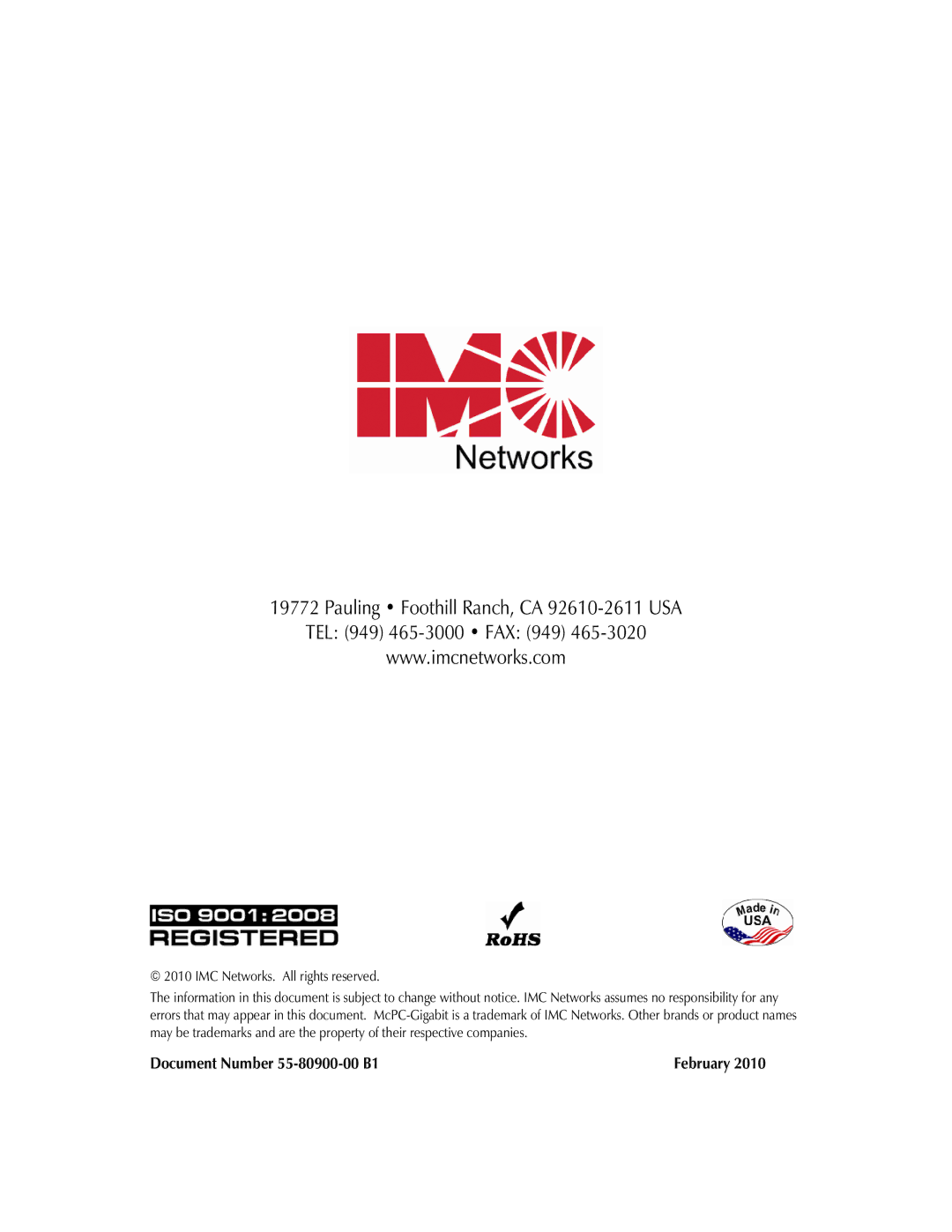 IMC Networks McPc-Gigabit operation manual Document Number 55-80900-00 B1 