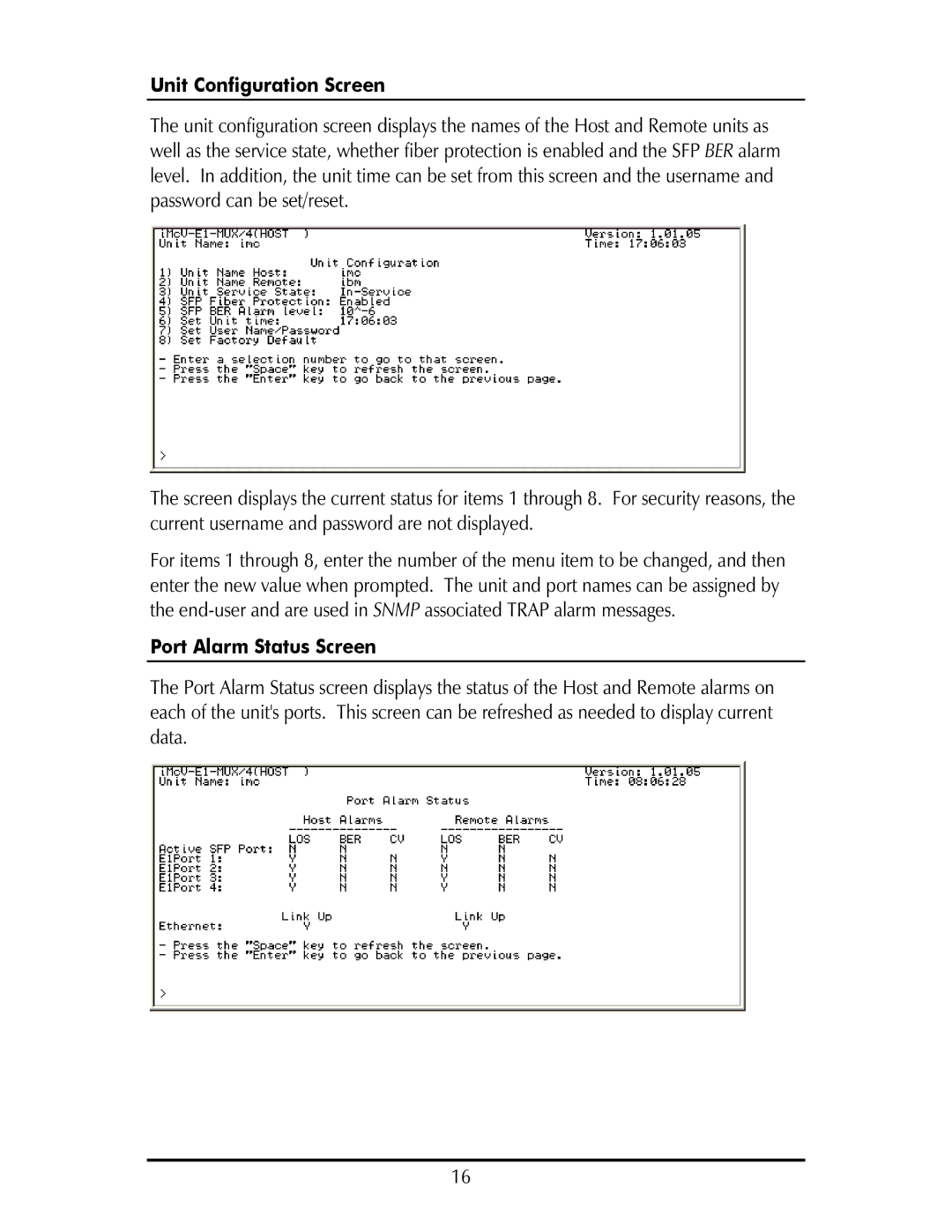 IMC Networks MOR-F-632-120-EB82 operation manual Unit Configuration Screen, Port Alarm Status Screen 