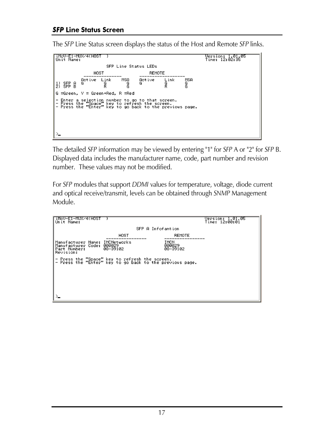 IMC Networks MOR-F-632-120-EB82 operation manual SFP Line Status Screen 