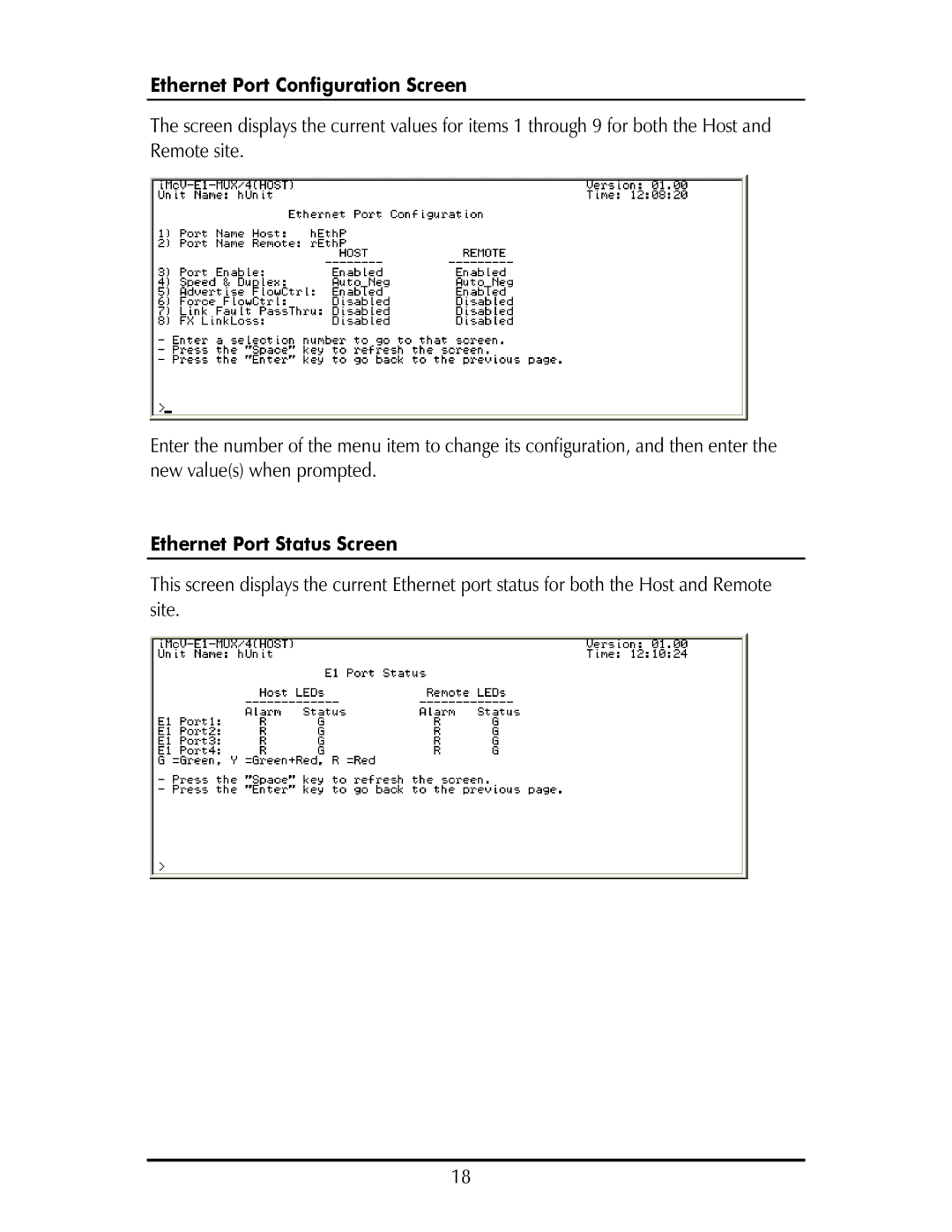 IMC Networks MOR-F-632-120-EB82 operation manual Ethernet Port Configuration Screen, Ethernet Port Status Screen 