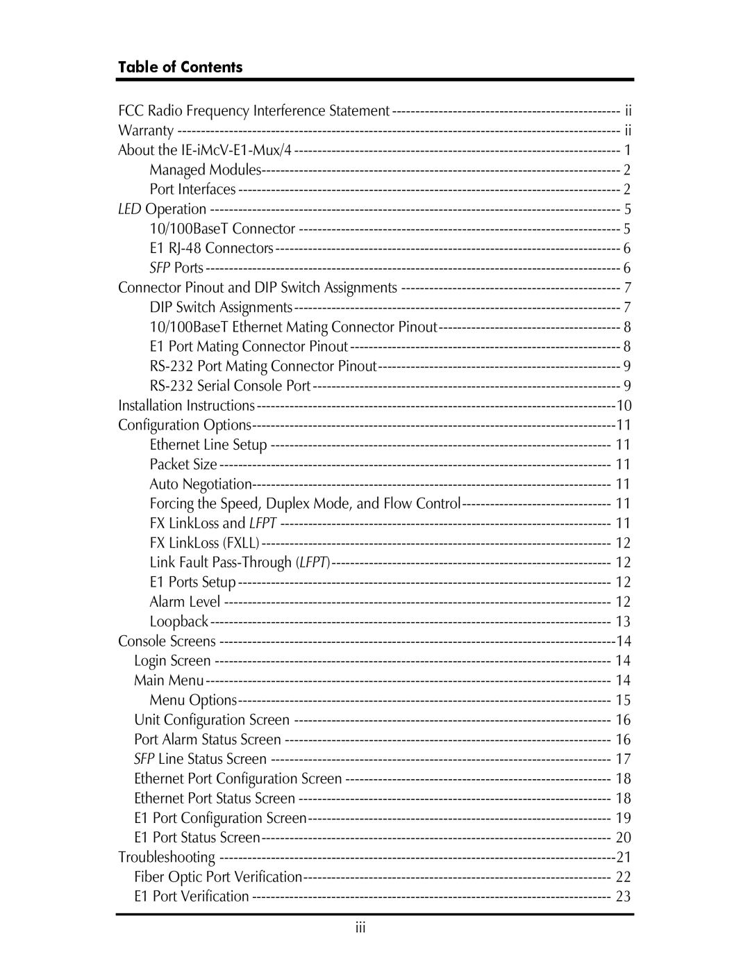 IMC Networks MOR-F-632-120-EB82 operation manual Table of Contents 