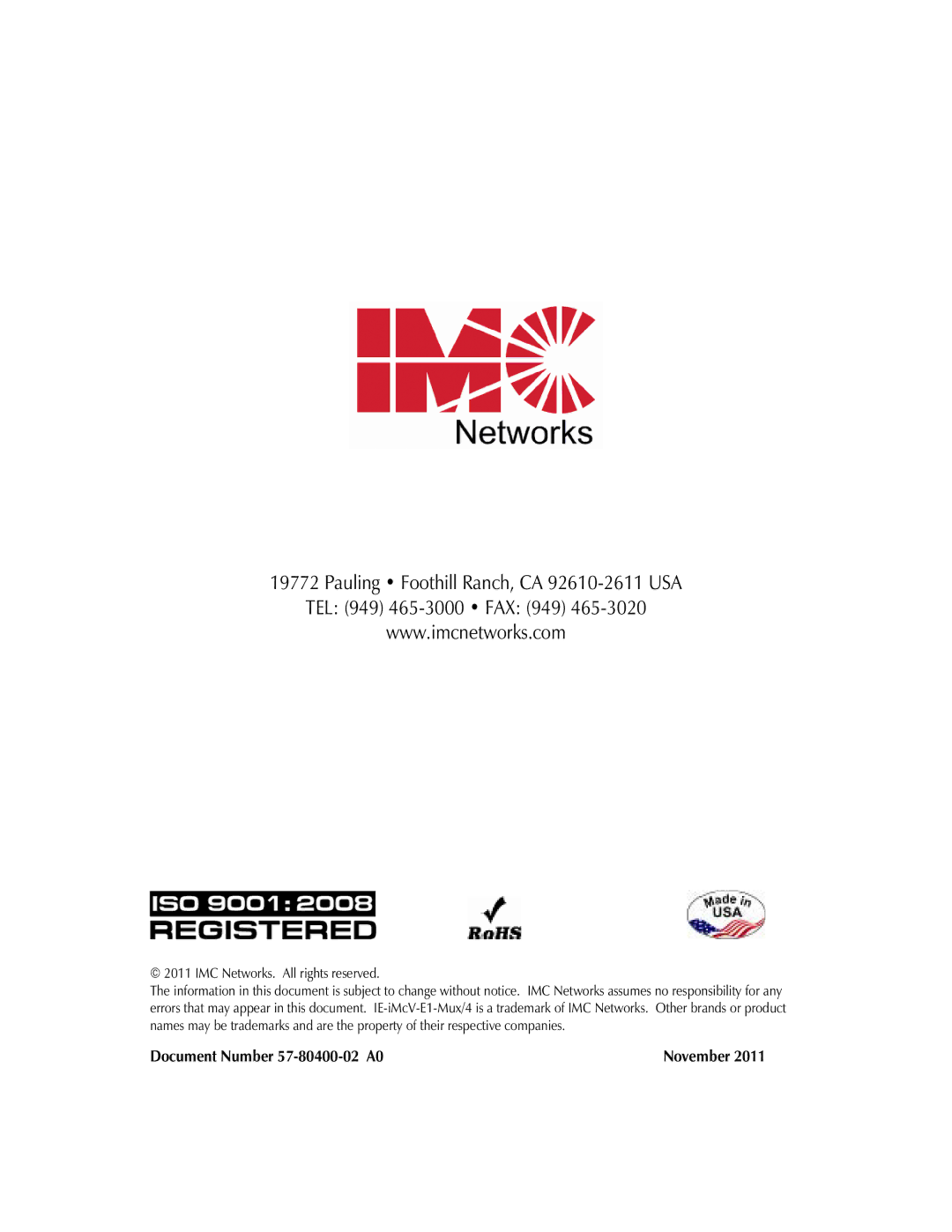 IMC Networks MOR-F-632-120-EB82 operation manual Document Number 57-80400-02 A0 