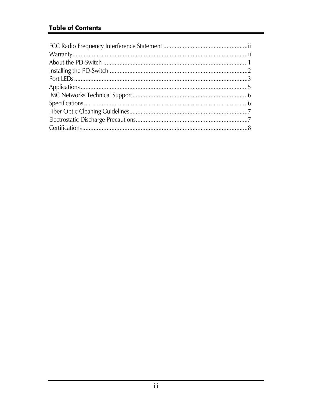 IMC Networks PD-Switch operation manual Table of Contents 