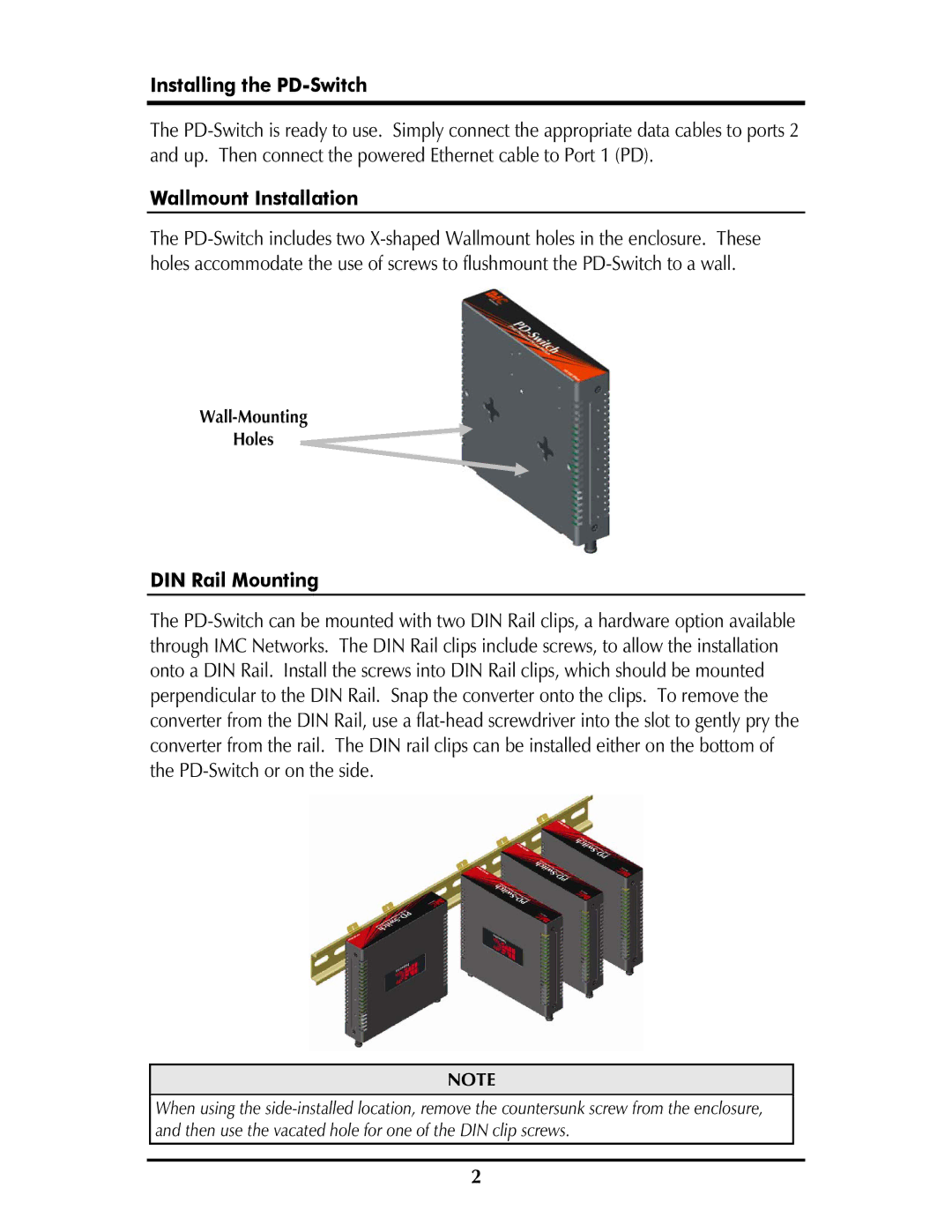 IMC Networks operation manual Installing the PD-Switch, Wallmount Installation, DIN Rail Mounting 