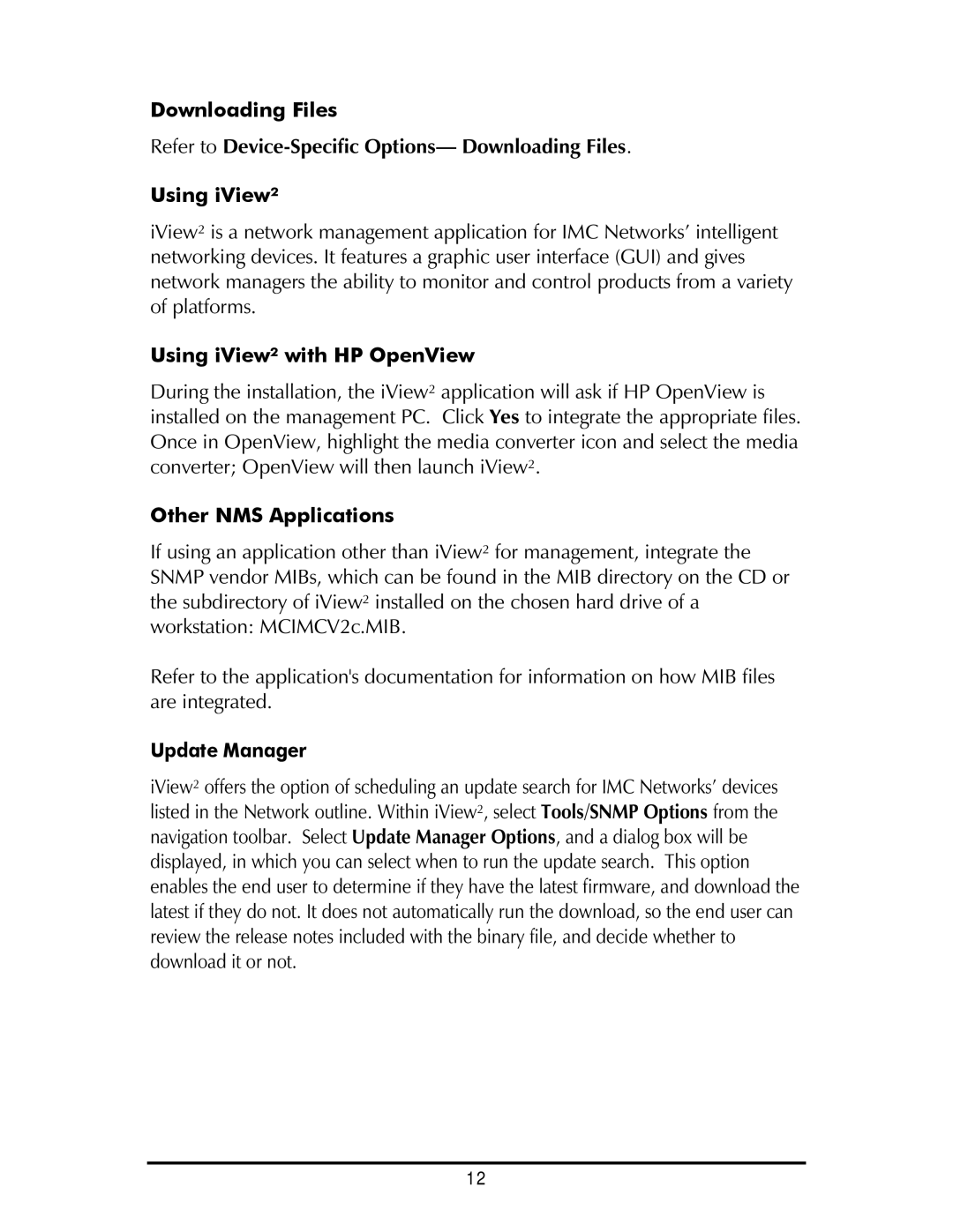 IMC Networks SNMP Downloading Files, Using iView² with HP OpenView, Other NMS Applications, Update Manager 