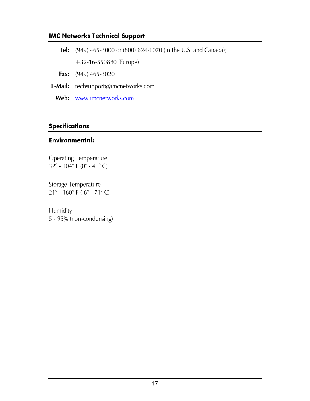 IMC Networks SNMP operation manual IMC Networks Technical Support, Specifications Environmental 