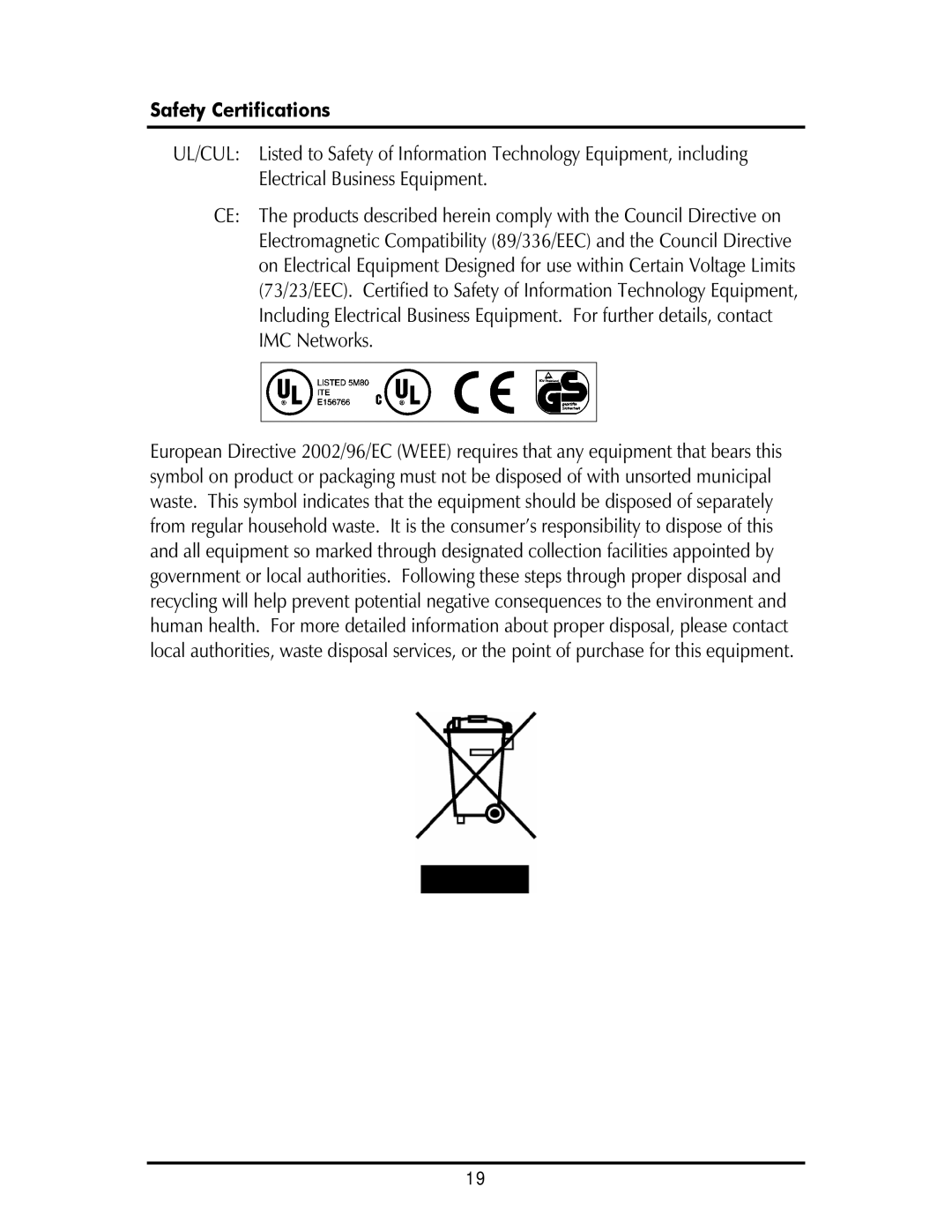 IMC Networks SNMP operation manual Safety Certifications 