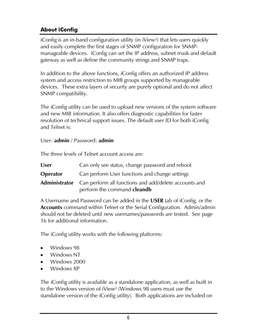 IMC Networks SNMP operation manual About iConfig, User Can only see status, change password and reboot 