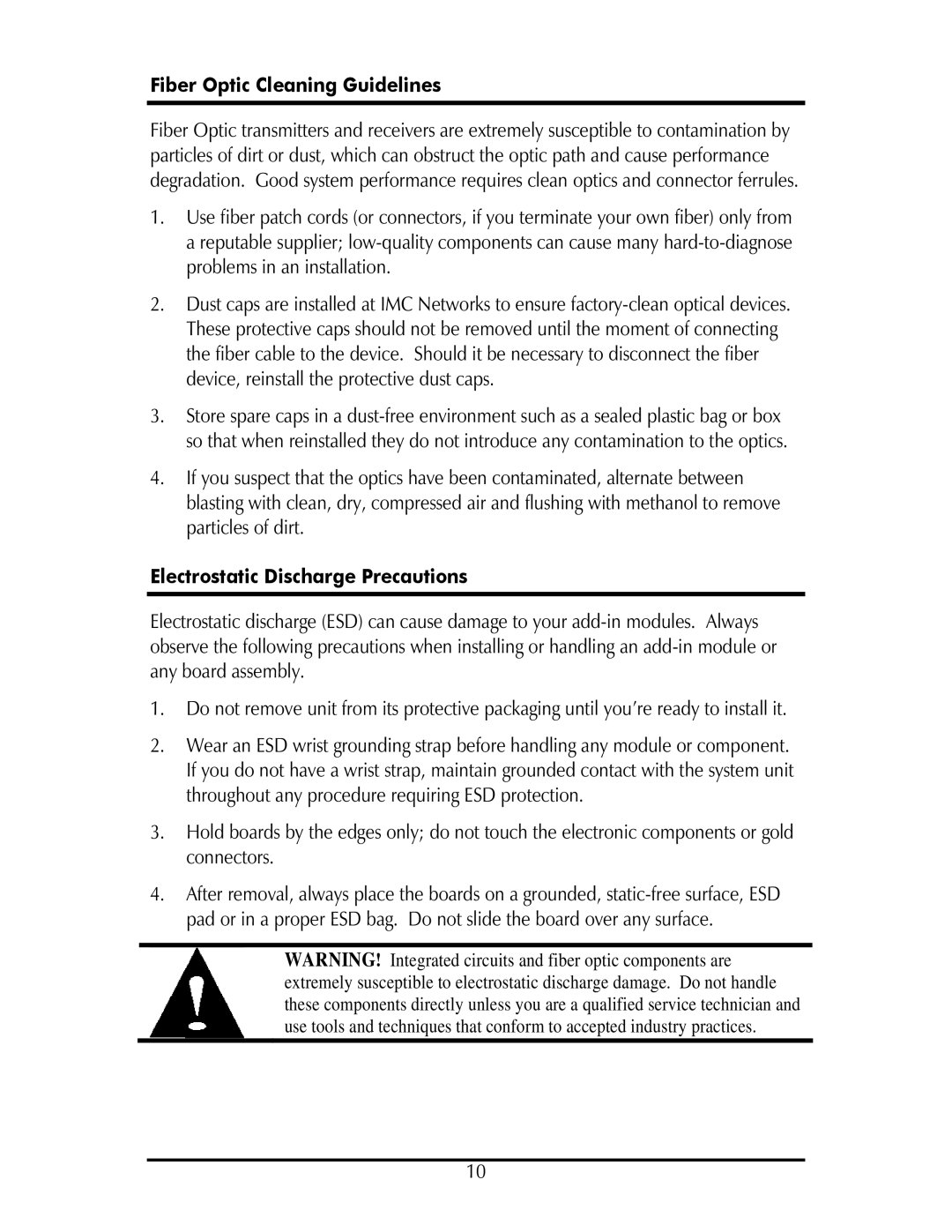 IMC Networks SP50 operation manual Fiber Optic Cleaning Guidelines, Electrostatic Discharge Precautions 