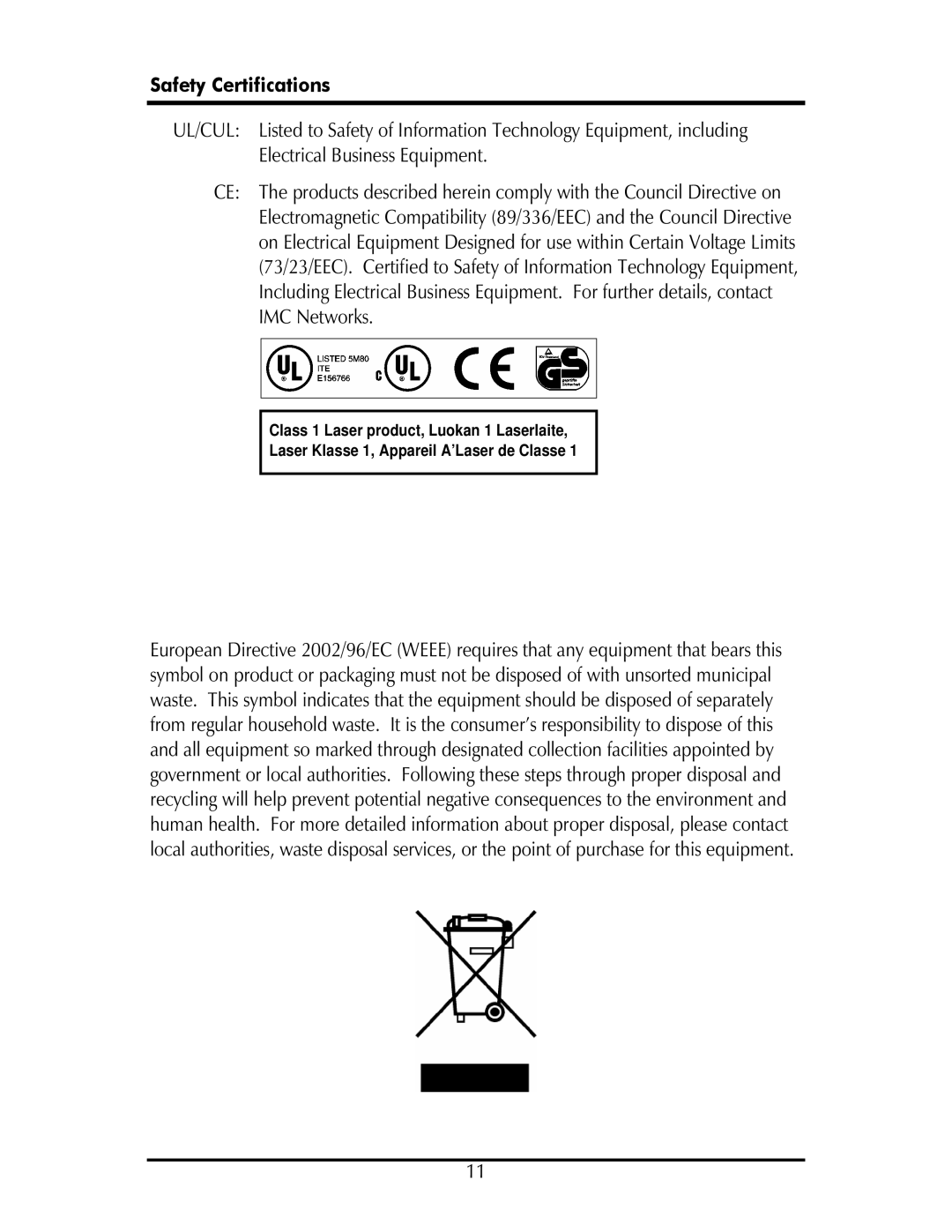 IMC Networks SP50 operation manual Safety Certifications 