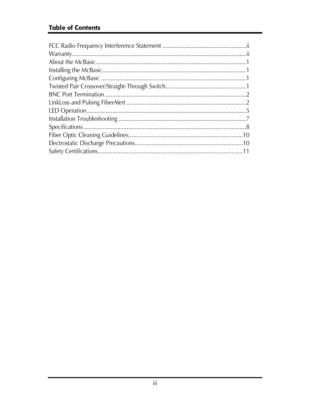 IMC Networks SP50 operation manual Table of Contents 