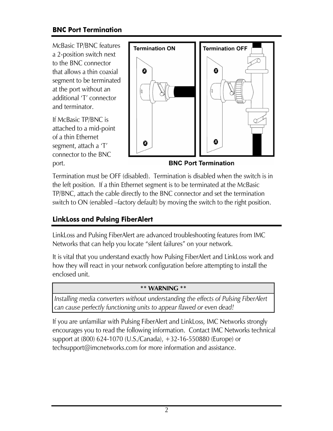 IMC Networks SP50 operation manual BNC Port Termination, LinkLoss and Pulsing FiberAlert 