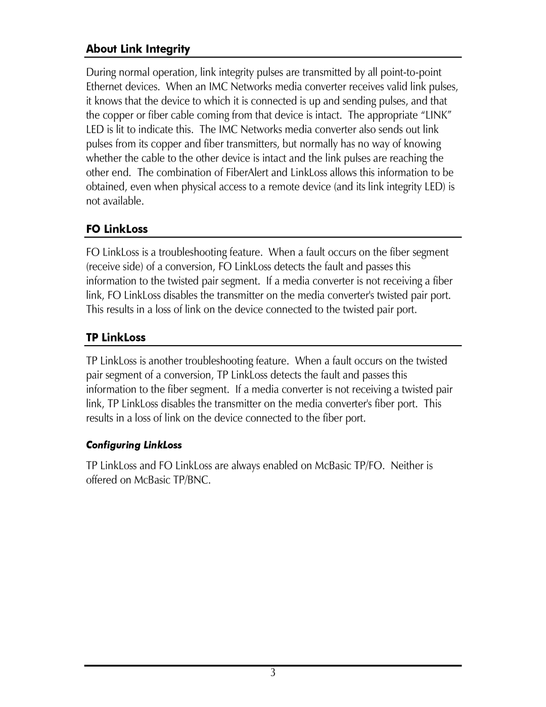 IMC Networks SP50 operation manual About Link Integrity, FO LinkLoss, TP LinkLoss 