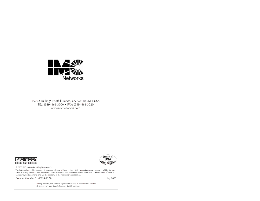 IMC Networks TP operation manual Document Number 51-80124-00 A0 