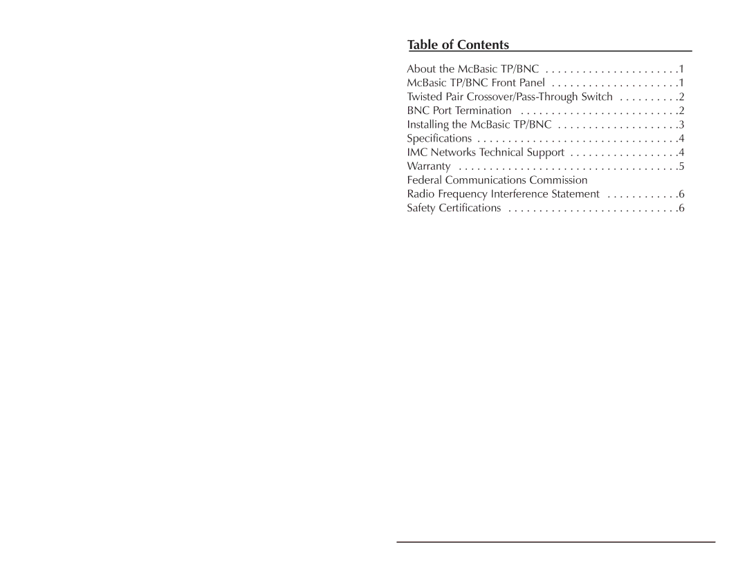 IMC Networks TP operation manual Table of Contents 