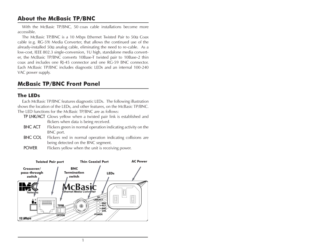 IMC Networks operation manual About the McBasic TP/BNC, McBasic TP/BNC Front Panel, LEDs 