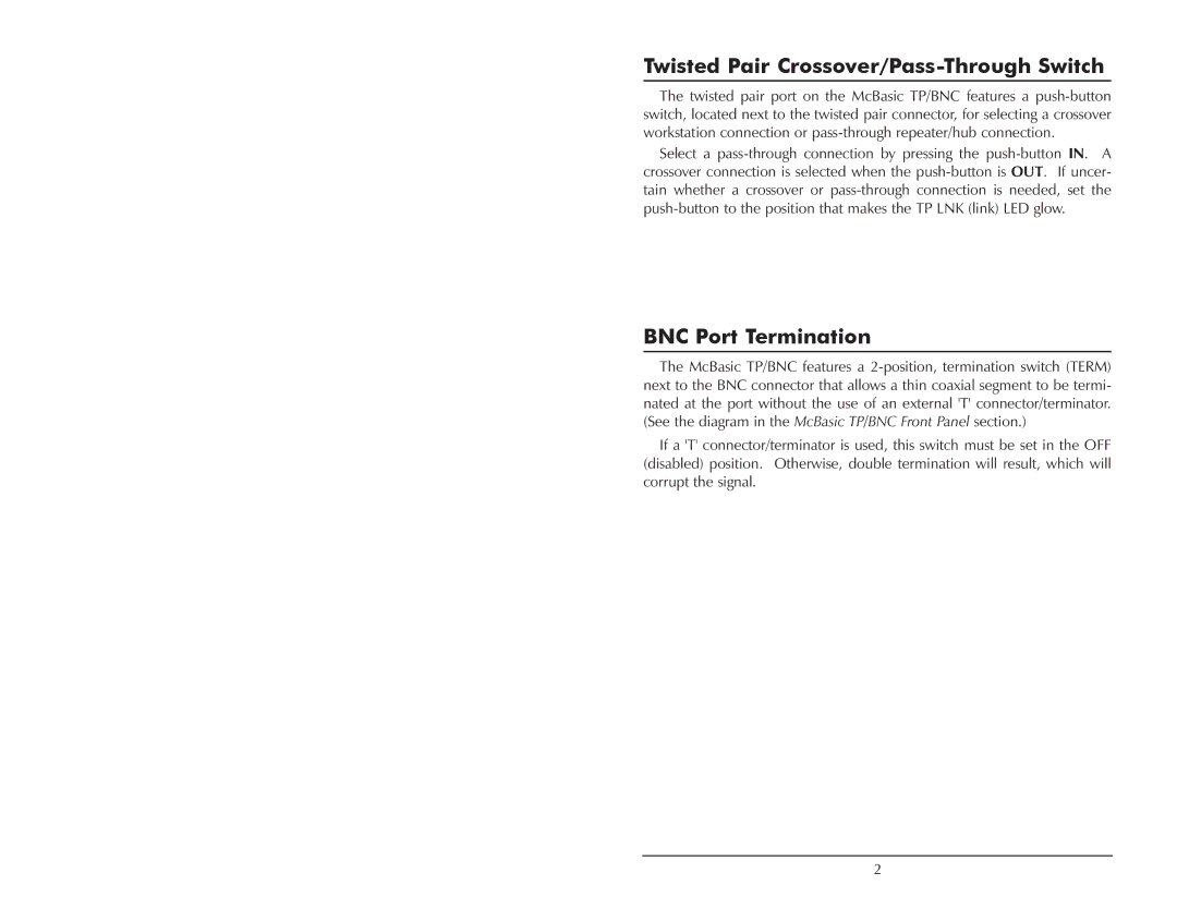 IMC Networks TP operation manual Twisted Pair Crossover/Pass-Through Switch, BNC Port Termination 