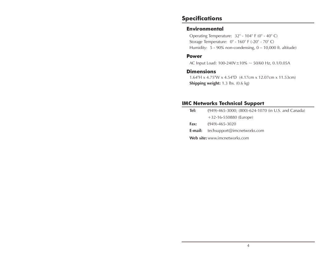 IMC Networks TP operation manual Specifications, Environmental, Power, Dimensions, IMC Networks Technical Support 