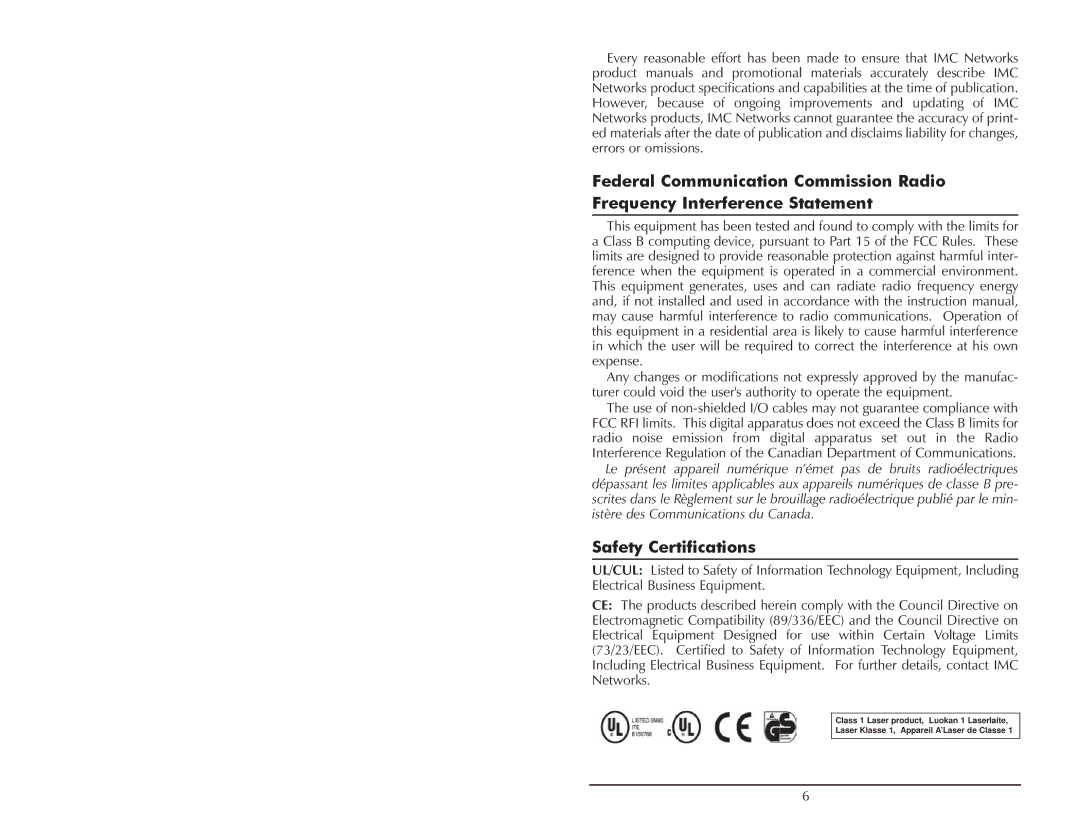 IMC Networks TP operation manual Safety Certifications 