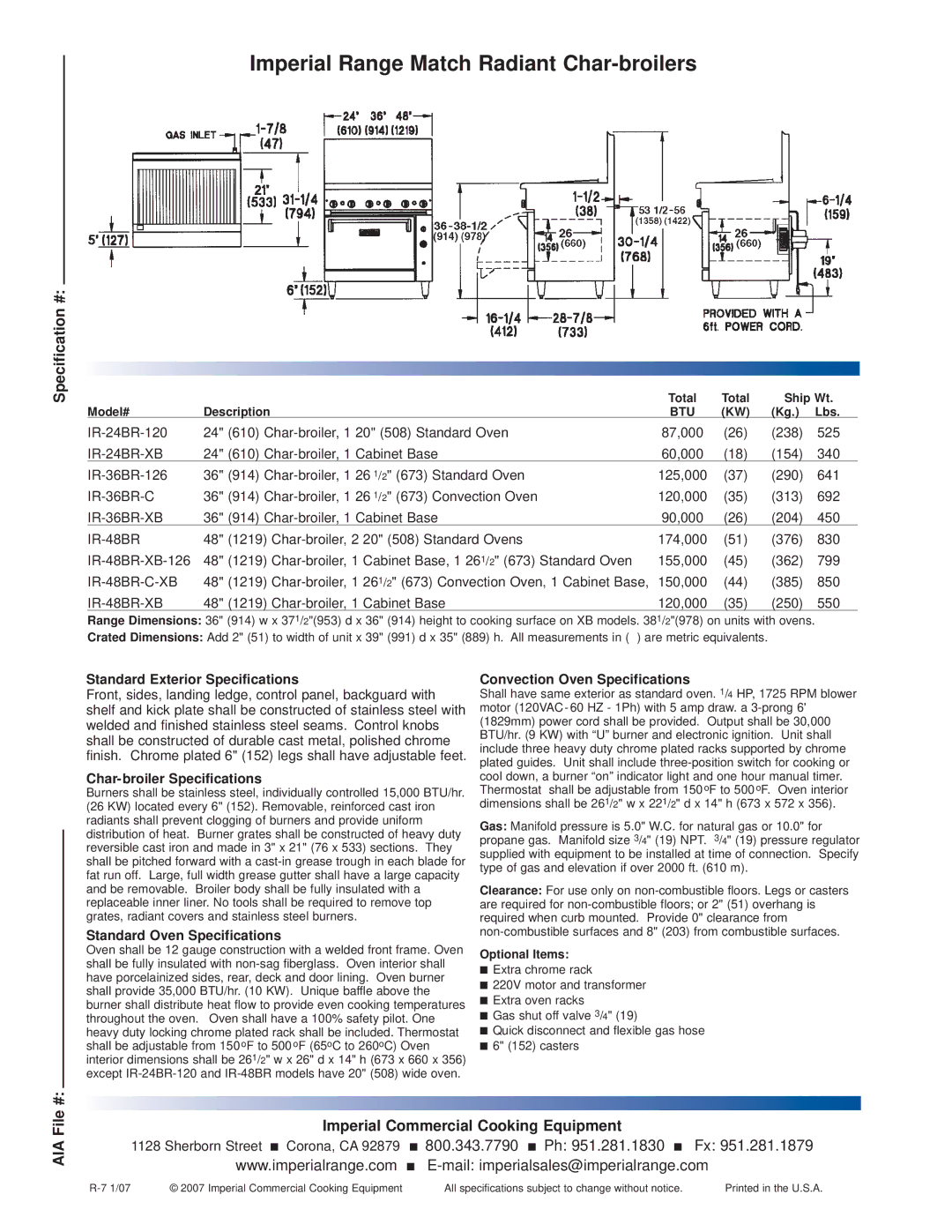 Imperial Range 24BR-XB, 36BR-C, IR-24BR-120, 36BR-126, 48BR Imperial Range Match Radiant Char-broilers, Specification # 