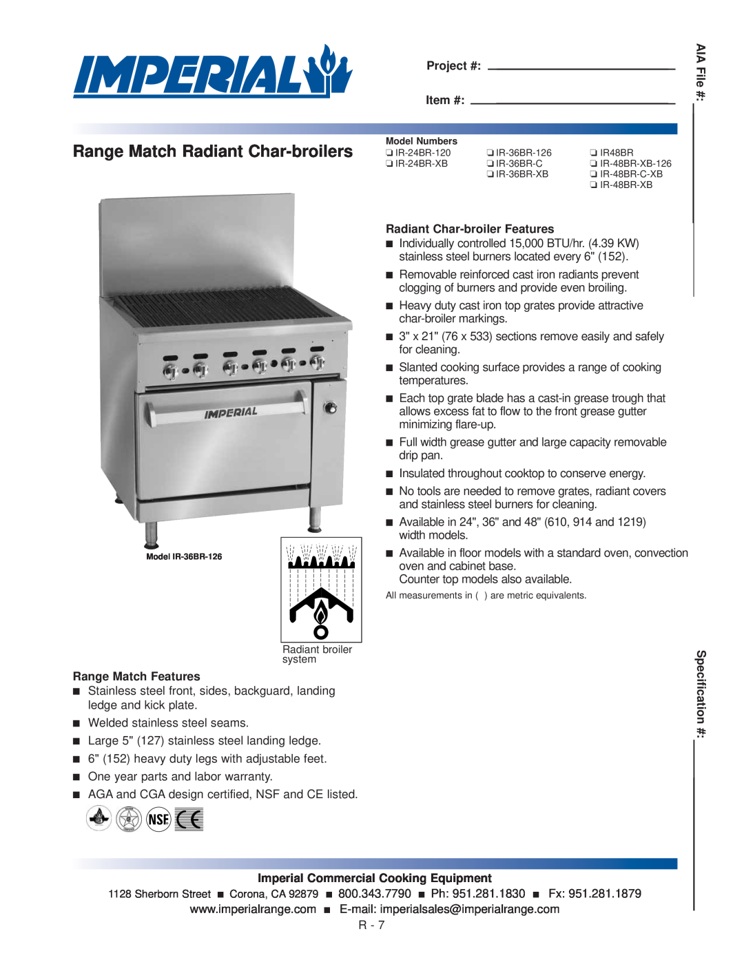 Imperial Range IR-24BR-120 warranty Range Match Radiant Char-broilers, AIA File #, Range Match Features, Specification # 