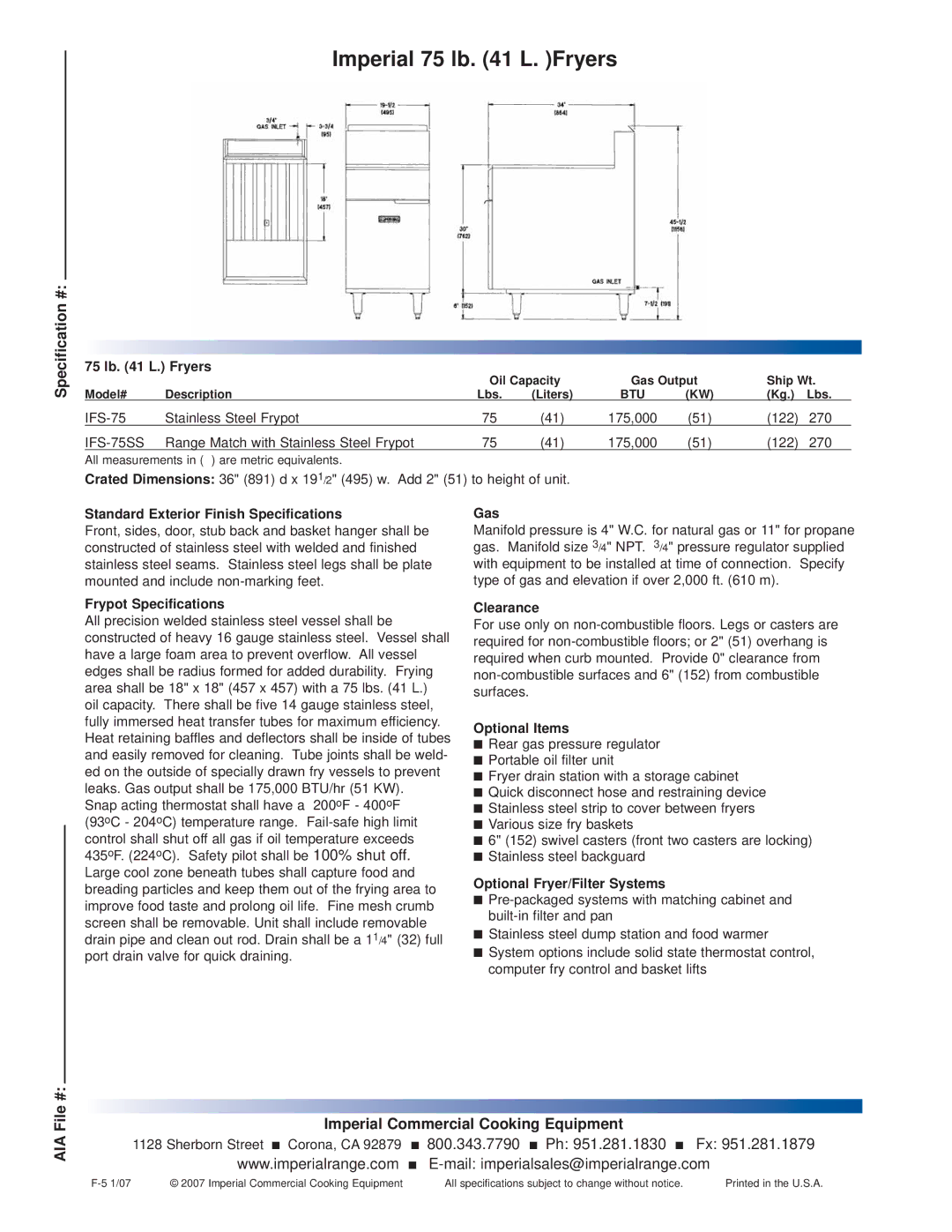 Imperial Range IFS-75 warranty Imperial 75 lb L. Fryers, AIA File # Imperial Commercial Cooking Equipment 