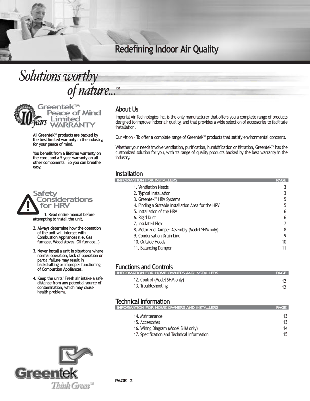 Imperial SHMTM manual Solutions worthy Nature...TM, Redefining Indoor Air Quality 