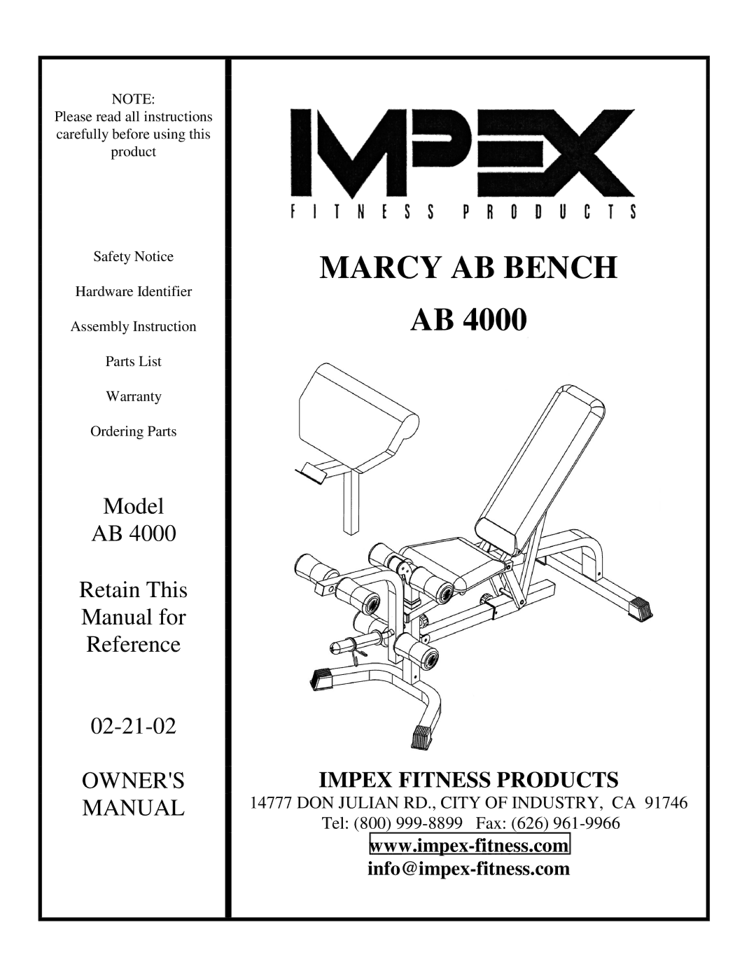 Impex AB 4000 manual Marcy AB Bench 