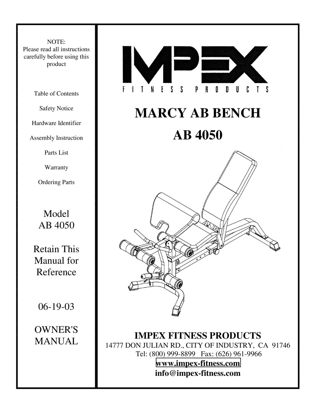 Impex AB 4050 manual Marcy AB Bench 